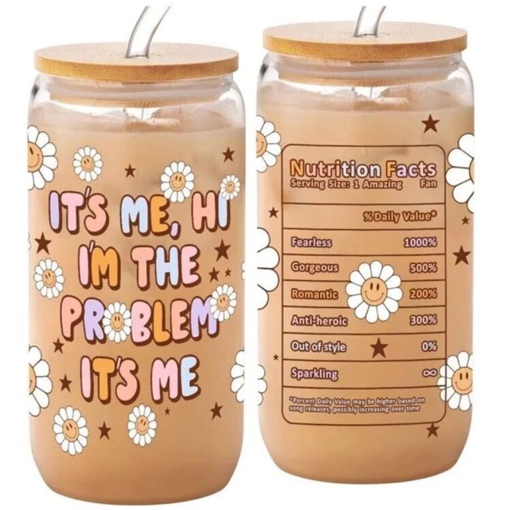 Taylor Swift Cup It’s Me Hi I’m The Problem Glass 16oz Bamboo Lid Straw FC4